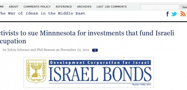 Mondoweiss article explains context of MN BBC lawsuit by Sylvia Schwarz and Phil Benson, Mondoweiss, November 22, 2011 Minnesota is among twenty-two states and the District of Columbia which invest in State of Israel Bonds. Proceeds from the...