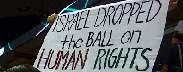 FOR IMMEDIATE RELEASE October 16, 2012 ANTI-APARTHEID PROTESTORS EJECTED AND ASSAULTED AT TIMBERWOLVES EXHIBITION GAME AGAINST ISRAELI TEAM [Minneapolis] Following in the footsteps of the sports boycott of South Africa...